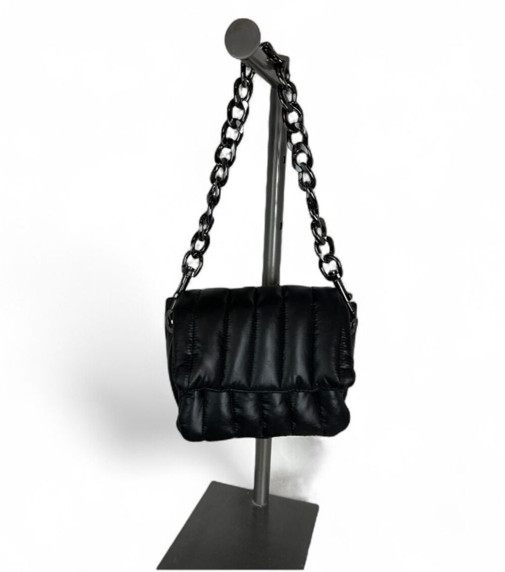 Think Royln Small Black Puffer Purse Handbag Black w Chain Strap Date Night Bag